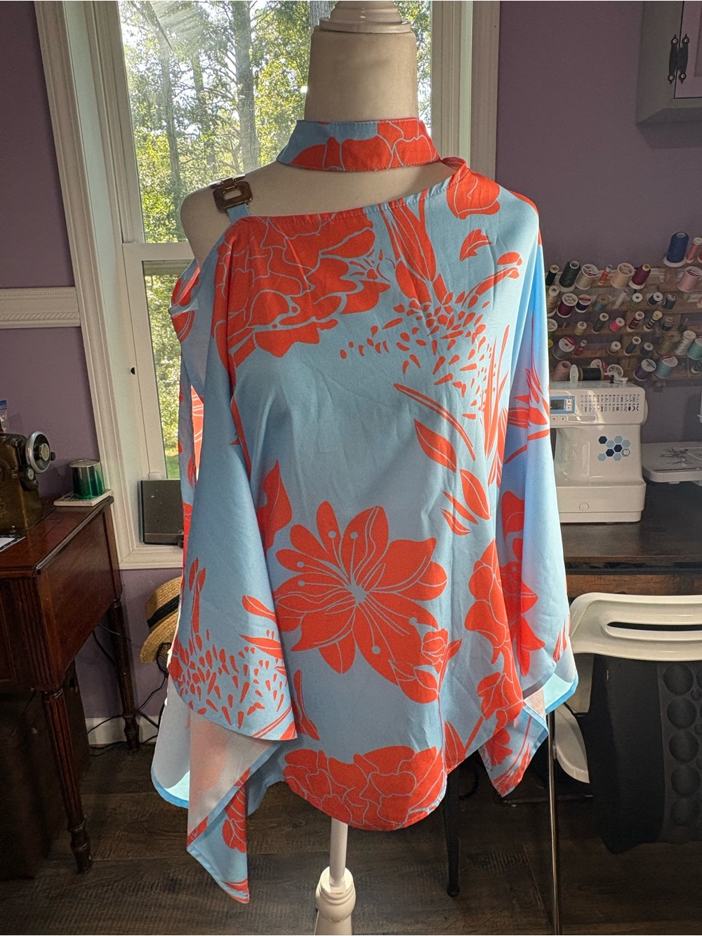 Floral One-Shoulder Chiffon Top in Sky Blue and Coral